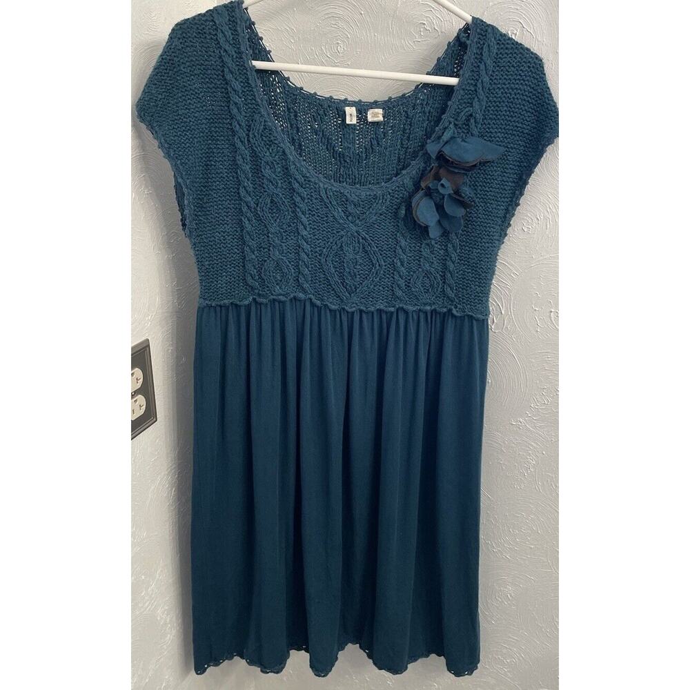Moth from Anthropologie Teal Cable Knit Dress Short-Sleeved Size Medium